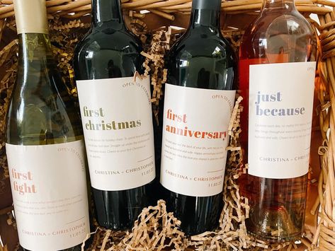 DIY Wedding Gift: A Year of Firsts Wedding Gift Basket - Women of Today Wedding Gift For Friend Marriage, Year Of Firsts Wine Basket, Newlywed Gift Basket, Wine Wedding Gift, Wedding Milestone Wine Labels, Wedding Gift Wine Labels, Milestone Wine, Sentimental Wedding Gifts, Wedding Gifts For Newlyweds