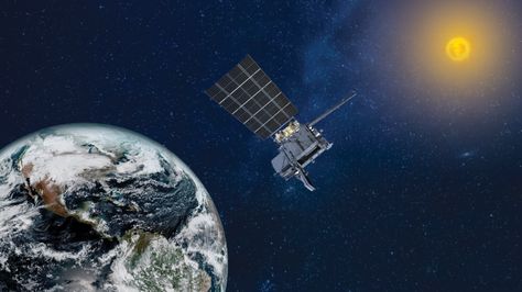 An artist's rendering of the GOES-U satellite in space, with the Earth to its left and the Sun to its right. (Image credit: Artist's rendering of the GOES-U satellite in space) Spacex Falcon Heavy, Weather Satellite, Next Full Moon, Falcon Heavy, Lightning Flash, California Wildfires, Solar System Planets, James Webb Space Telescope, Marine Conservation