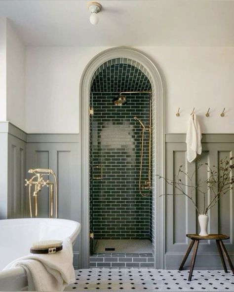 #aesthetic #moodboard Shower With Storage Next To It, Historic Bathroom Remodel, Attic Shower Room, Tile Moulding, German Country, Maximalist Bathroom, Drømme Bad, House Dream, Attic Bathroom