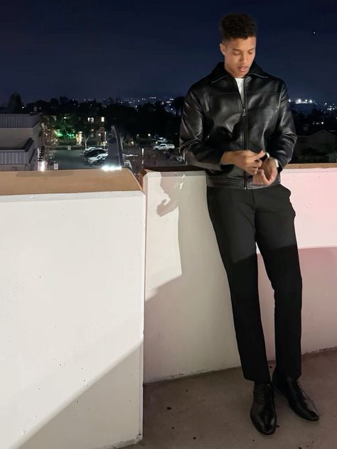 All Black Date Night Outfit Men, Date Night Male Outfit, All Black Classy Outfit Men, All Black Leather Jacket Outfit Men, Leather Jacket Winter Outfit Men, Men Leather Jacket Outfit Classy, Men’s All Black Outfit Ideas, Black Classy Outfit Men, Mens Outfits Date Night