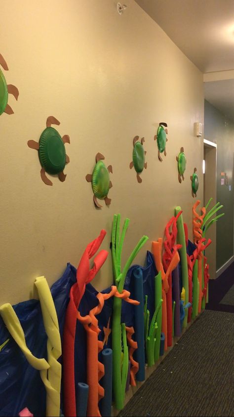 RA HALL THEME #findingnemo #sealife #ocean #reslife #halldecoration Marine Life Decoration Ideas, Beach Hoco Theme, Ocean School Theme, Ocean Themed Hallway, Under The Sea Classroom Decorations, Ra Hallway Decorations, Ocean Theme Hallway, Ocean Decorations For The Classroom, Ocean Hallway Decorations