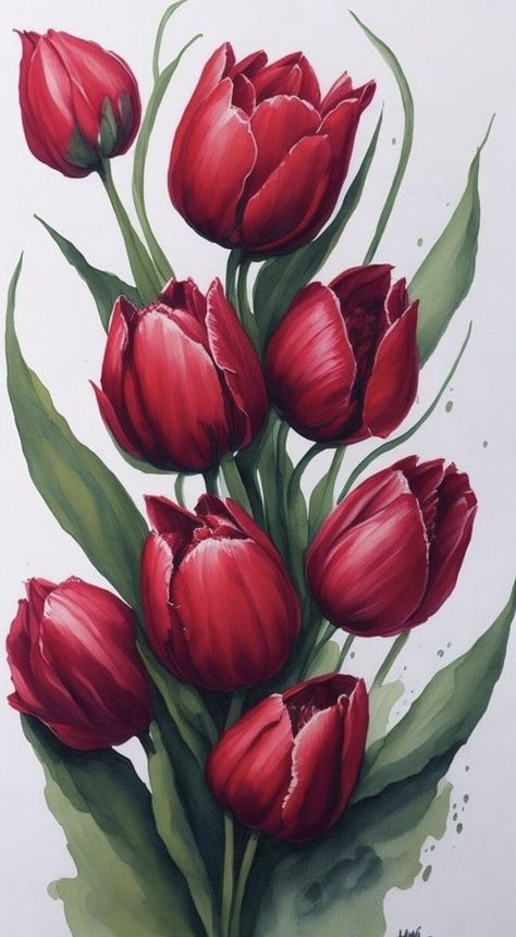 Tulip Digital Art, Tulip Art Painting, Tulip Painting Acrylic Easy, Garden Island Ideas, Beautiful Flowers Painting, Tulip Watercolor, Painted Tulips, Modern Gardening, Flower Digital Art