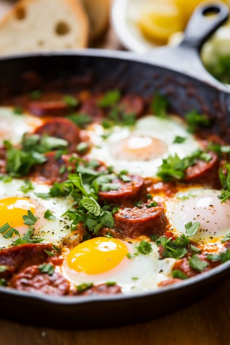 "Authentic Spanish Chorizo Shakshuka with Piquillo Peppers: Healthy Mediterranean Epicureanism Unleashed" #mediterraneandiet Spanish Chorizo Recipes Dinner, Healthy Spanish Food, Chorizo Shakshuka, Spanish Brunch, Spanish Breakfast Recipes, Spanish Lunch, Spanish Meals, Spanish Breakfast, Spanish Chorizo