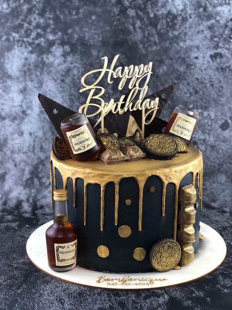 Black And Gold Cake Ideas For Men, Seahawks Cake, 30th Birthday Cakes For Men, Alcohol Birthday Cake, Dripping Chocolate, 24th Birthday Cake, Gold Cakes, 75 Birthday Cake, Black And Gold Cake