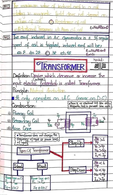 Transformers Physics, Iti Electrician, Ac Generator, Basic Electrical Engineering, Hand Written Notes, Physics Lessons, Learn Physics, Physics Formulas, Electromagnetic Induction