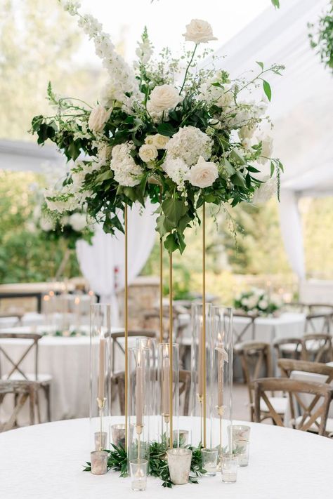 Wedding Ceremony Greenery, Ceremony Greenery, Tall Flower Centerpieces, Wedding Theme Color Schemes, Spring Wedding Color Palette, Green And White Wedding, White Floral Centerpieces, Tall Wedding Centerpieces, Wedding Reception Design