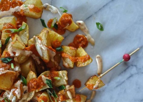 Papas Bravas with Chamoy Aioli | ¡HOLA! JALAPEÑO Recipes With Chamoy, Crispy Fried Potatoes, Nye Appetizers, Gluten Free Party, Mexican Sauce, Aioli Recipe, Gluten Free Appetizers, Gluten Free Potatoes, Red Pepper Sauce