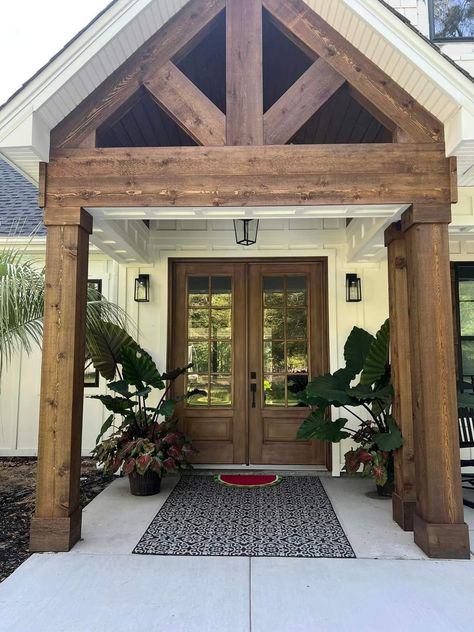 Front Of House Design Ideas, Cedar Porch Posts Front Entry, Craftsman Style Double Front Door, Front Porch Open Gable, Front Door Off Center Porch, Cypress Beams Front Porch, Barndo Front Porches, Exterior Beams On House, Wooden Beams Front Porch