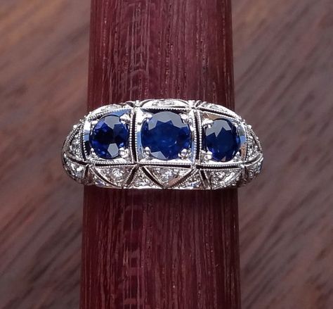 Art Deco Natural Blue Sapphire with Diamonds Statement Ring 18k  White Gold Blue Sapphire Diamond Pendant, Antique Style Rings, Statement Rings Diamond, Three Stone Diamond, Etsy Gold Ring, Blue Sapphire Diamond, Argentium Silver, Blue Zircon, Natural Blue Sapphire