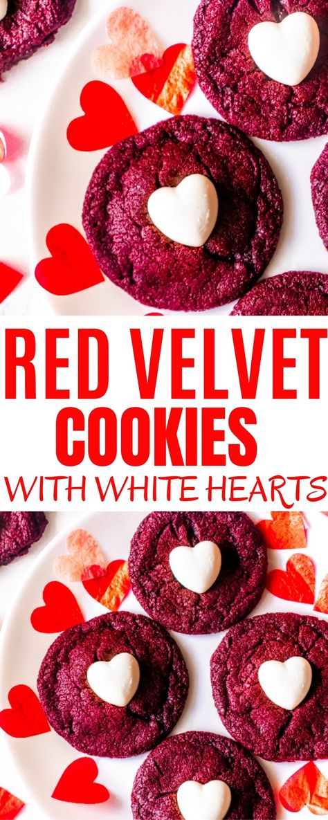 Red Velvet Sugar Cookies with White Chocolate Hearts White Chocolate Hearts, Red Velvet Sugar Cookies, Velvet Sugar Cookies, Cookies With White Chocolate, Sugar Cookie Recipe Easy, White Chocolate Candy, Red Velvet Cookies, Easy Sugar Cookies, Valentines Day Desserts