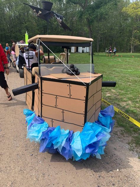 Shark Golf Cart, Pirate Ship Golf Cart, Golf Cart Pirate Ship, Pirate Golf Cart Decorations, Camper Halloween, Golf Cart Decorations, Halloween Car Decorations, Themed Costumes, Independence Day Parade