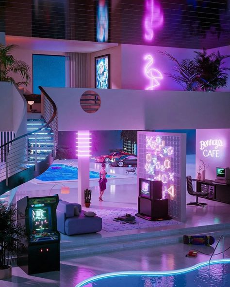 Vaporwave House Decor, Vaporwave Room Aesthetic, Vaporwave Nostalgia, Vaporwave Bedroom, Vaporwave Room, Trip Room, Wave Aesthetic, Outdoor Restaurants, 80s Interior Design