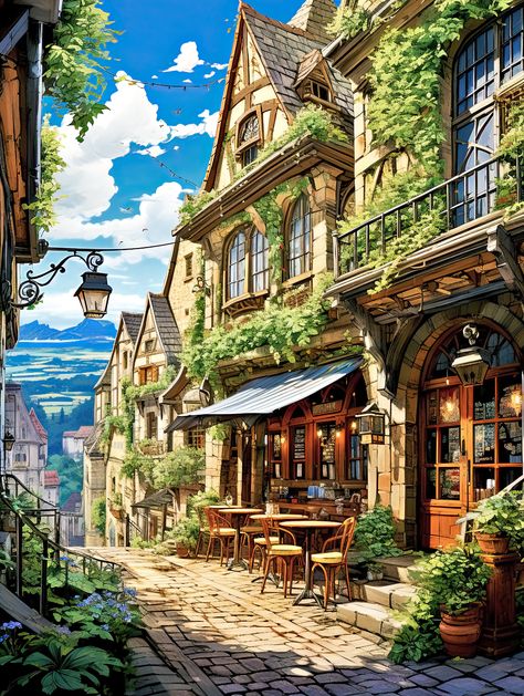 Old Buildings Paintings, French Victorian House, French Village Aesthetic, Fairytale Cafe, Old Village House, French Streets, Town Scenery, France Village, French Villages