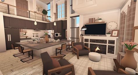 Cute Bloxburg Build Ideas, Kitchens In Bloxburg, Bloxburg Lighting Ideas, Bloxburg Open Space Ideas, Salas Bloxburg, Bloxburg Dorm Ideas, Bloxburg Lounge Ideas, Roblox Kitchen, Living Room Designs Bloxburg