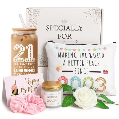 PRICES MAY VARY. 🎉 21st Birthday Gifts for Her: Hey the 21 year-old, you're move into a cool age! This lovely 21st glass gifts baskets is sure to wow your daughter, sister or friend who just turns 21 years old in 2024. Suitable for 21st birthday gifts for her/women, 21 years old gift baskets for daughter, sister, friend born in 2003... 🎁21st Birthday Gift Baskets: Package included 1x 16oz 21st can glass with straw, 1x cosmetic bag that says "making the world a better place since 2003", 1x 3.53 21st Birthday Throw Up Bucket, Birthday Gifts For Her 2022, Doller Tree Birthday Basket, Gifts For 21 Year Old Women, 60th Birthday Baskets, Unique Birthday Gifts For Friend, Liquor Gift Baskets For Women Birthday, Gifts For 21st Birthday, 21st Birthday Gift Baskets