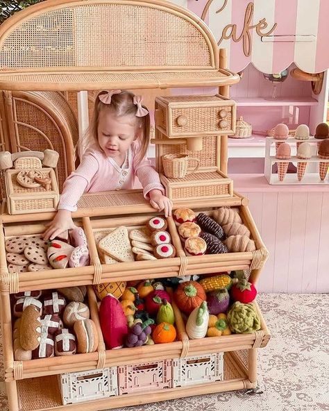 Rattan Playroom, Wood Pretend Play, Toy Shop, Wooden Pretend Play, Rattan Play Kitchen, Wood Toy Kitchen, Wooden Kitchen Set Toy, Kids Toy Store, Kids Toy Shop