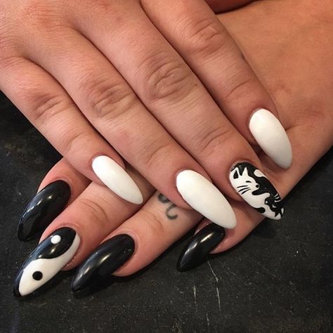 Yin and Yang Kitties by Moka!  Appointments recommended.  Call 619.358.9875 or book online hellobirdielab.com Ying Yang Nails, Yin Yang Nails, Acrylic Nail Polish, Nails Brown, Hippie Nails, Short Gel Nails, Almond Acrylic Nails, Nails For Kids, Homecoming Nails