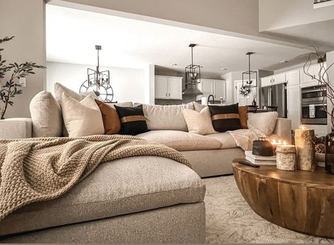 Tan Aesthetic Living Room, Living Room Inspo Tan Couch, Living Room Decor Tan Couch, Living Room Designs Tan Couch, Farmhouse Living Room Tan Couch, Sectional With Accent Chair, Living Room With Tan Couch, Tan Couch Decor, Tan Couch Living Room