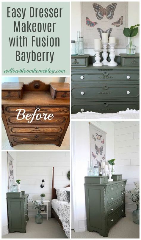 This easy dresser makeover with Fusion Bayberry is a project you can complete in one day for about $30. Everything you need to know to do this yourself is included in this post. #dressermakeover #painteddresser #fusionbayberry Fusion Bayberry, Fusion Paint Projects, Easy Diy Paint, Green Dresser, Wood Drawer Pulls, Fusion Paint, Beautiful Dresser, Furniture Update, Diy Furniture Renovation