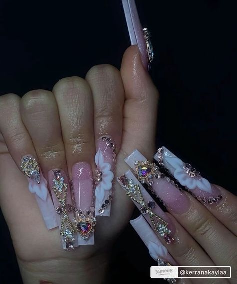 Extra Long Acrylic Nails Bling, Extra Long Acrylic Nails, Acrylic Nails Bling, Fake Acrylic Nails, Nails Bling, 3d Flower Nails, Gel Toe Nails, Girly Acrylic Nails, Cute Acrylic Nail Designs