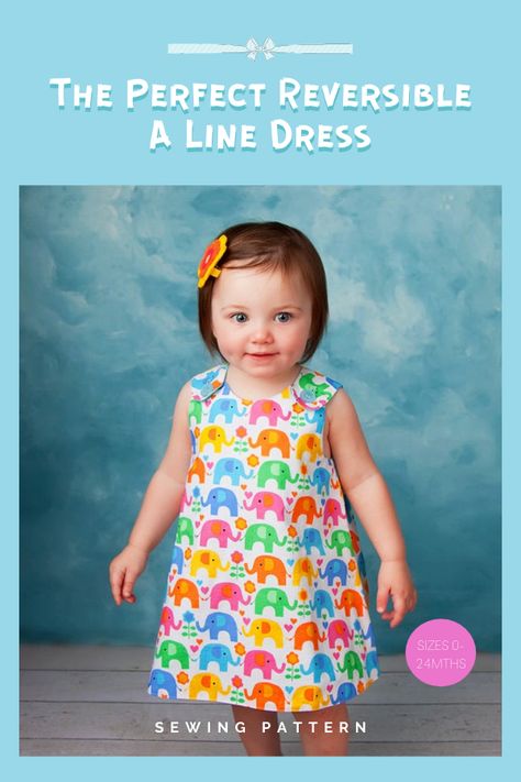 The Perfect Reversible A-Line Dress sewing pattern (0-24mths). This baby dress pattern teaches you how to sew the perfect reversible A-line dress for babies and toddlers. It's an easy-to-sew pattern with plenty of room for appliques and embroidery and it's a very quick project for baby gifts. Toddler Dress Pattern Free, Aline Dress Pattern, Baby Dress Pattern Free, Girls Dress Pattern Free, Toddler Dress Patterns, Toddler Patterns, Baby Dress Pattern, Sewing Baby Clothes, Girls Dress Sewing Patterns