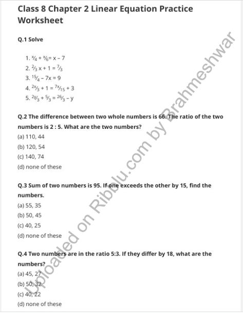 Download free pdf of Linear Equation in One Variable Worksheets for Class 8. Students can easily get all the Class 8… The post Worksheets for Linear Equation in One Variable Class 8 – PDF appeared first on CBSE Papers and Worksheets in PDF For free. Linear Equations In One Variable, Adding Integers, Math Integers, Coordinate Geometry, Geometry Math, Essay Competition, Maths Worksheets, Rational Numbers, Class 9