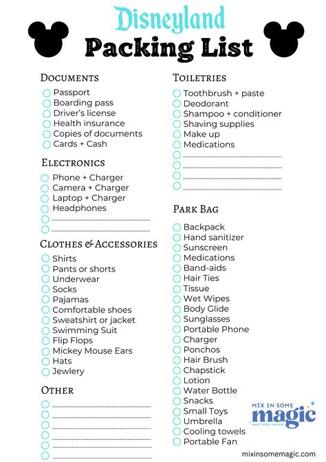 Ultimate Disneyland Packing List- What To Pack For The Park California Trip Packing List, Disney World Checklist Packing Lists, Disney Paris Packing List, Family Disneyland Trip, What To Pack For Amusement Park, Bags For Disney World, Things To Pack For Disneyland, Disney Trip Planning Packing Lists, Disneyland Paris Packing List