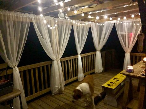 Diy Porch Curtains Outdoor Drapes, Back Patio Ideas On A Budget Diy Deck Decorating, Screened In Porch Curtains, Curtains Outside Patio, Diy Porch Curtains, Back Porch Wedding, Camper Porch Ideas, Camper Porch, Camper Deck