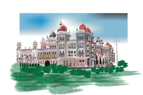 mysore palace  (coreldraw + illustrator) Mysore Palace Illustration, Mysore Palace Painting, Mysore Palace Drawing, Mysore Zoo, Mysore Dasara, Zoo Drawing, Mountain Sketch, Postcard Ideas, Hj Story