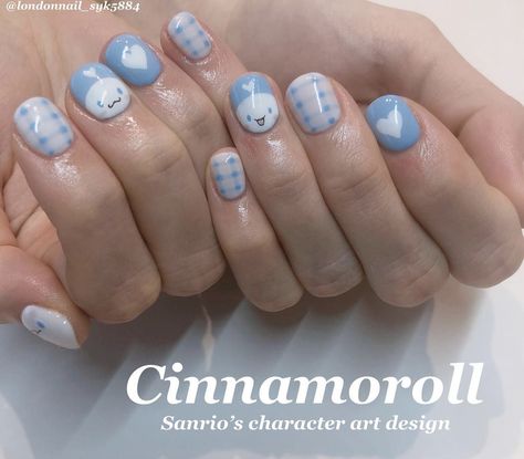 Cinnamoroll Nail Design, Sanrio Nail Art Short, Cute Sanrio Nails Short, Sanrio Nail Art Simple, Cinnamonroll Sanrio Nails Short, Cute Cinnamoroll Nails, Kawaii Gel Nails Short, Cinnamoroll Nails Simple, Cinamoroll Nails Simple