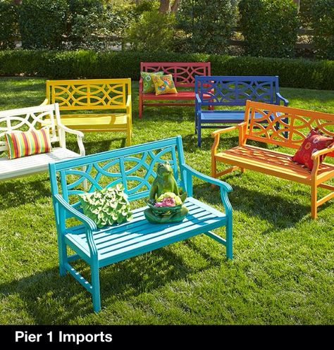 Like Park Bench Ideas, Yard Benches, Backyard Goals, Painted Benches, Porch Bench, Colorful Patio, Porch Chairs, Outdoor Benches, Porch Furniture