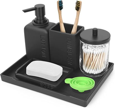 Amazon.com: JDHEXY Black Bathroom Accessories Set,Bathroom Decor with Soap Dispenser,Toothbrush Holder,Glass Qtip Holder,Vanity Tray,Soap Dish for Kitchen,accesorios para baño,Bathroom Organizer Countertop : Home & Kitchen Bathroom Assessories Set Ideas, Matt Black Bathroom Accessories, Black Soap Dispenser Bathroom, Black Bathroom Inspiration, Bathroom Organizer Countertop, Black Bathroom Sets, Black Bathroom Accessories Set, Matte Black Bathroom Accessories, Bathroom Vanity Organization