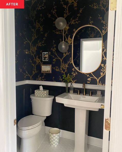 Newly renovated powder room with navy blue and gold floral wallpaper. Navy And Gold Powder Room Ideas, Navy Blue And Gold Wallpaper Bathroom, Powder Room Navy Blue, Blue And Gold Powder Room Ideas, Navy Floral Wallpaper Bathroom, Navy Blue And Gold Powder Room, Navy And Gold Wallpaper Bathroom, Dark Blue Bathroom Wallpaper, Navy Gold Bathroom Ideas