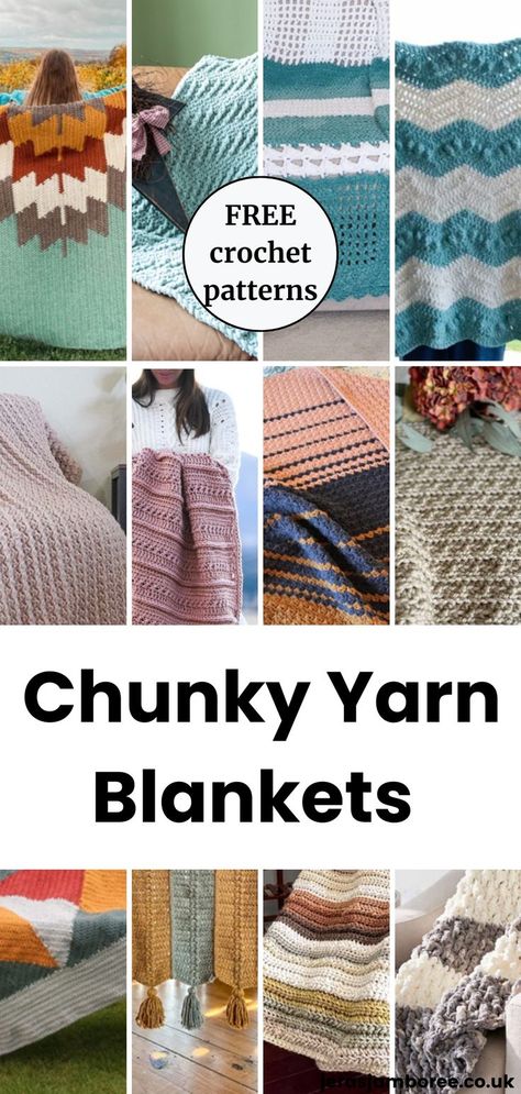 Montage of 12 crochet blankets made from chunky yarn showing different stitches and colours Crochet Blankets Using Variegated Yarn, Crochet Blanket Patterns For Chunky Yarn, Crochet Blanket Patterns Size 6 Yarn, Chunky Crochet Blanket Pattern Free Easy, Free Easy Crochet Blanket Patterns, Blanket Yarn Projects, Chunky Yarn Crochet Blanket, Yarnspirations Patterns Free, Blanket Yarn Crochet Patterns