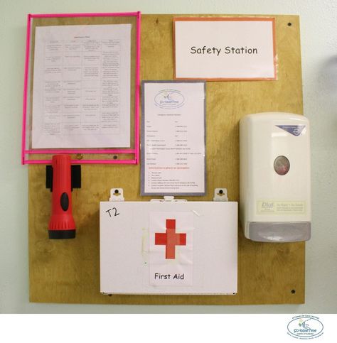 All of our classrooms have a Safety Station.  We include our Health Care Policy, First Aid Kit, Emergency Phone Numbers, a flash light, and hand sanitizer. First Aid Station Classroom, First Aid Station, Hand Sanitizer Station, Teacher Emergency Kit, Daycare Rooms, School Nurse Office, Daycare Teacher, Nurse Office, Elementary School Classroom