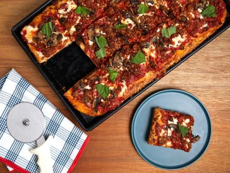 Sheet Pan Sausage and Mushroom Pizza Sausage And Mushroom Pizza, Pizza Sausage, Pan Pizza Recipe, Sheet Pan Pizza, Olive Oil Pizza, Mushroom Pizza Recipes, Sheet Pan Sausage, Pan Sausage, Measuring Flour