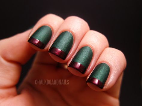 Chalkboard Nails: Holiday French Tips! http://www.chalkboardnails.com/2011/12/holiday-french-tips.html Christmas French Tip Nails Red And Green, Bauble Nails, Nail Info, Matte Green Nails, Gel Manicure Colors, Chalkboard Nails, Red Tips, Glitter French Manicure, French Manicures