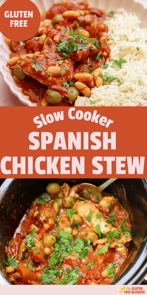 Slow Cooker Spanish Chicken Spanish Chicken Stew, Spanish Chicken Recipes, Gluten Free Slow Cooker Recipes, Mediterranean Tomato, Spanish Stew, Gluten Free Fall Recipes, Bagel Recipe Easy, Spanish Rice Recipe, Spanish Chicken