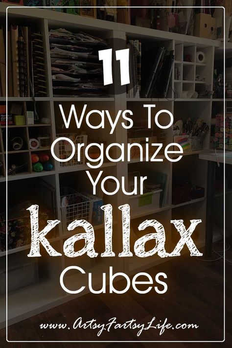 Black Ikea Cube Shelves, Large Kallax Hack, Craft Kallax Storage, Craft Room Storage Boxes, How To Organize Inside Cube Storage, Ikea Kallax Library, Ikea Kallax Configuration, Ikea Kallax Art Studio, Cube Storage Desk Ideas