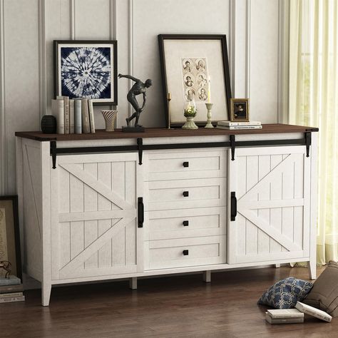 PRICES MAY VARY. Ample Storage with Farmhouse Charm: The antique brown cabinet top and birch bliss white barn doors exude vintage appeal, while the metal anti-collision corner guards add a touch of durability. With four spacious drawers and two sliding barn doors, this piece combines practicality with farmhouse-inspired style. Elevate your decor with this stunning 60"dresser that effortlessly captures the essence of rustic charm Creative Barn Door Storage: Our innovative sliding barn doors effor Dresser With Storage, Drawers For Clothes, Modern Farmhouse Sideboard, Barn Door White, Tall Tv Stand, Living Room Buffet, Rustic Chest Of Drawers, Dresser Tall, Rustic Dresser