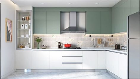 Modular Kitchen Livspace Kitchen, Kitchen Designs Indian, Kitchen Tall Units, L Shaped Modular Kitchen, Breakfast Counter, Kitchen Triangle, Light Green Walls, Kitchen Shapes, Kitchen Guide