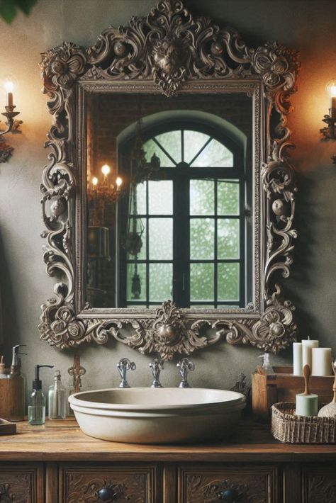 Add a touch of nostalgia to your rustic bathroom with this vintage mirror. The ornate frame tells a story of timeless elegance. #VintageBathroom #RusticDecor Mirror Magic, Mirror Ideas, Ornate Mirror, Vintage Bathroom, Rustic Bathroom, Large Mirror, Vintage Mirror, Ornate Frame, Antique Mirror