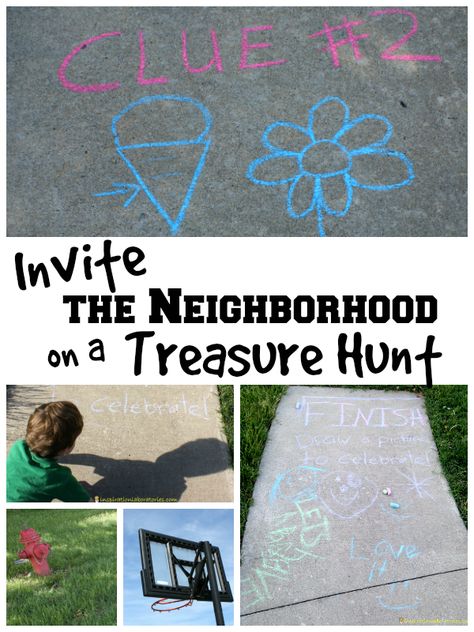 Such a fun idea! The neighbor kids will love this treasure hunt. Neighborhood Scavenger Hunt, Neighborhood Activities, 21st Birthday Checklist, Neighborhood Block Party, Adult Scavenger Hunt, Treasure Hunt For Kids, Treasure Hunt Clues, Treasure Hunts, Neighborhood Watch