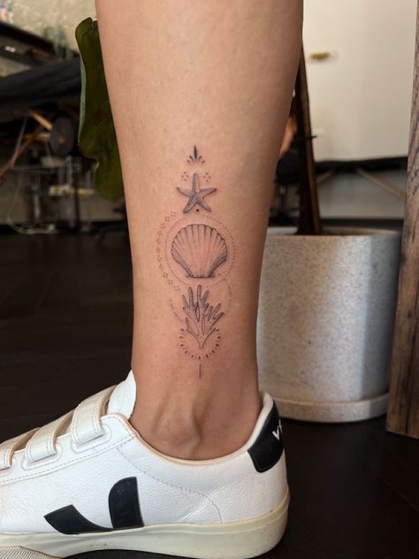 Coral Reef Tattoo Small, Seashell Mandala Tattoo, Starfish And Shell Tattoo, Seashell Back Tattoo, Coral Reef Tattoo Ideas, Reef Tattoo Design, Small Coral Tattoo, Corals Tattoos, Costal Tattoos