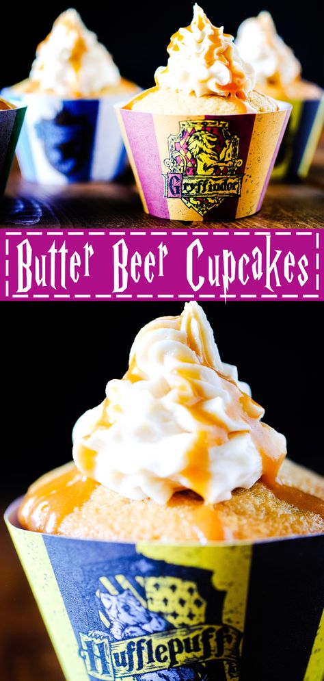 Calling all Harry Potter fans! What house are you? No matter which house you are in, we can all agree that Butter Beer Cupcakes should be in all of them. These cupcakes are perfect for any Harry Potter, wizard, or Halloween themed party. They're also good for just when you're wanting to have a few cupcakes. The cupcake is soft and moist, with a butterscotch filling and a delicious butter beer buttercream frosting and drizzle. You can't beat these Butter Beer Cupcakes! Butter Beer Cupcakes, Butterscotch Filling, Butter Beer Recipe Harry Potter, Butterbeer Cupcakes, Harry Potter Butterbeer, Beer Cupcakes, Harry Potter Cupcakes, Halloween Themed Party, Harry Potter Butter Beer