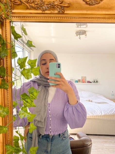 #Cottagecore #lilac #puffsleeve #hijab Dress Lilac Hijab, Purple Outfit Aesthetic Hijab, Lilac Outfit Hijab, Purple Hijab Outfit, Hijab Outfit Aesthetic, Purple Shirt Outfits, Purple Top Outfit, Hijabi Casual Outfits, Outfit Ideas Muslim