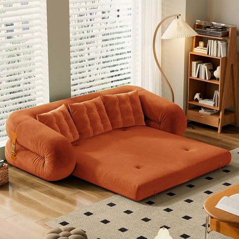 Hernest | Modern Velvet Upholstered Convertible Sofa Bed Couch 3 Seater Sleeper Deep Seat Sofa Couches in Orange for Living Room, Guest Living Room Bed Upholstered Sofa Bed, Modern Velvet Sofa, Sofa Bed Sleeper, Convertible Sofa Bed, Bed In Living Room, Sofa Couch Bed, Velvet Sofa, Sleeper Sofa, Upholstered Sofa