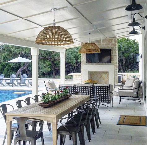 Outside Fireplace Covered Patio, Covered Patio With Dining And Seating Area, Large Patio Tables Outdoor Living, Outdoor Fireplace And Pool, Covered Patios Attached To House With Pool, Cozy Pool Patio, Covered Patio Pool Area, Outdoor Kitchen Lounge Area, Outdoor Dining With Fireplace