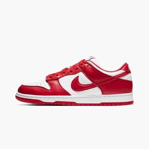 After kicking off its “Team Tones” pack with the Dunk Low “Brazil,” Nike has readied the pack’s second style: the Dunk Low “University Red.” Reminiscent of the white/red Dunk High from 1985’s influential “Be True to Your School” collection and nearly identical to 2005’s Dunk Low “St. John’s” — save for the color of its midsole stitching — the “University Red” is one of the summer’s hottest Nike Dunk releases.  Simplicity is key on this no-frills Nike Sportswear sneaker. White leather quarters, t Nike Dunk Low University Red, Nike Retail, Nike Dunk Low Sp, School Series, Nike Branding, Yeezy Sneakers, Nike Models, Youth Shoes, Sneakers Looks