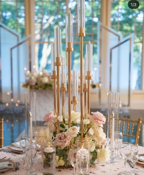 8 arm candelabra led Tall Candle Centerpiece, Candelabra Wedding Centerpieces, Cylinder Candle, Gold Candelabra, Candelabra Wedding, Cylinder Candles, Candelabra Centerpiece, Glass Candelabra, Wedding Reception Table Decorations